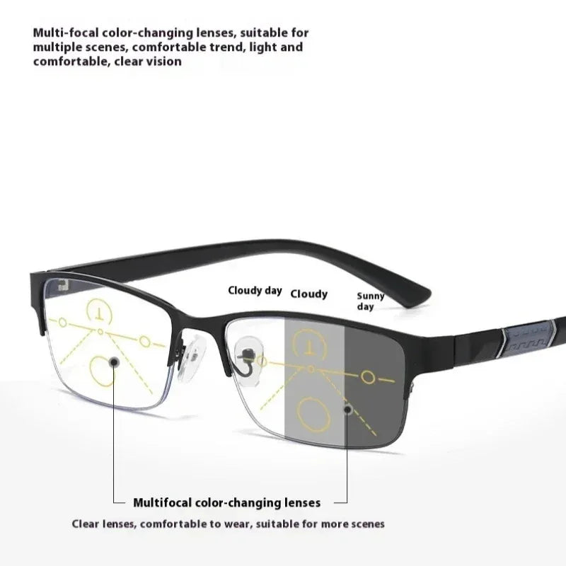Gafas Multifocales Fotocromáticas con Filtro Luz Azul para Presbicia – Montura Semi al Aire Hombre +0.00 a +4.00