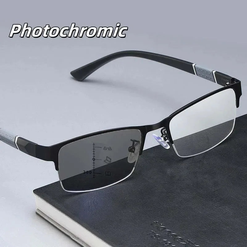 Gafas Multifocales Fotocromáticas con Filtro Luz Azul para Presbicia – Montura Semi al Aire Hombre +0.00 a +4.00
